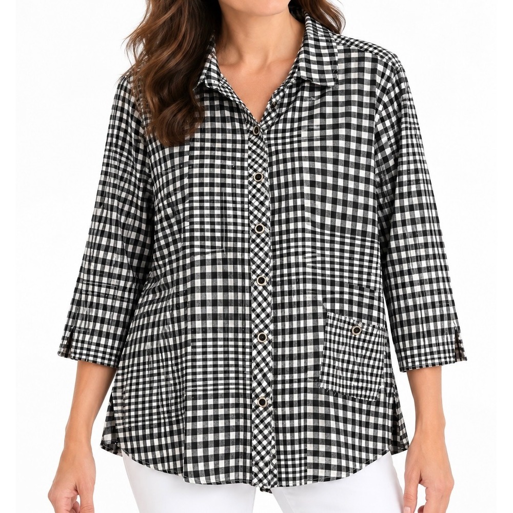Ali Miles Black White Gingham Checkered Button Up 3/4 Sleeve Tunic Blouse Large